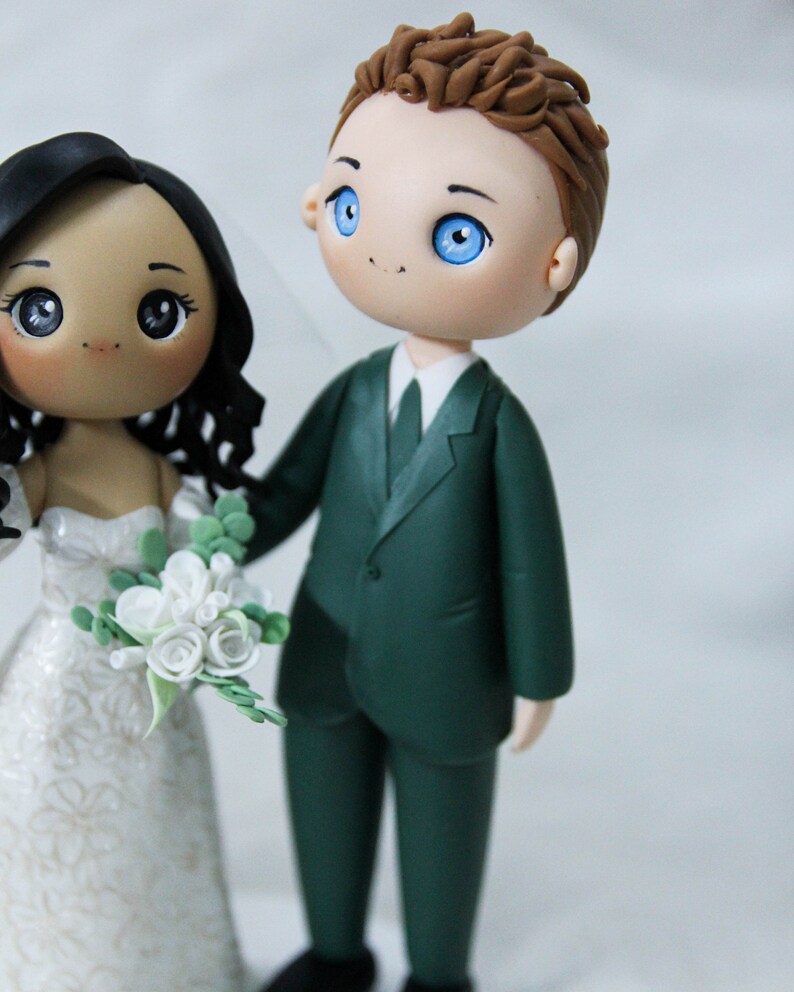 Unique Cat dangling Bride & groom wedding cake topper, Mixed race wedding cake topper, beautiful bridal gown wedding dress figurine image 6