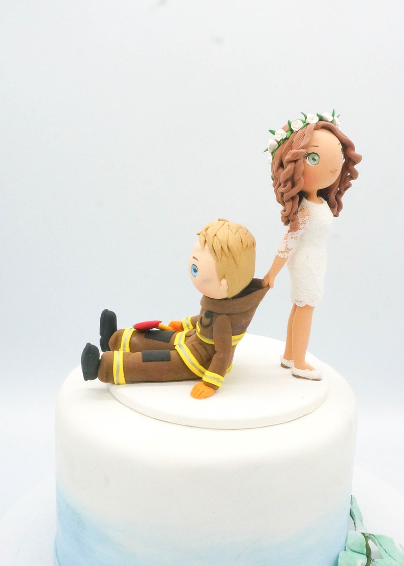 Firefighter wedding cake topper, Lesbian wedding topper, Funny wedding cake topper, Bride & Bride clay figurine, custom wedding gift image 2