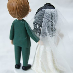 Unique Cat dangling Bride & groom wedding cake topper, Mixed race wedding cake topper, beautiful bridal gown wedding dress figurine image 10