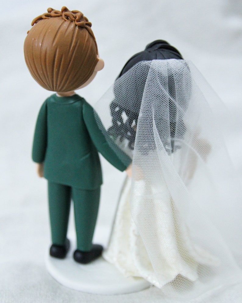 Unique Cat dangling Bride & groom wedding cake topper, Mixed race wedding cake topper, beautiful bridal gown wedding dress figurine image 10