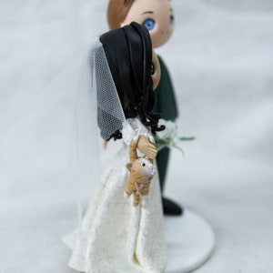 Unique Cat dangling Bride & groom wedding cake topper, Mixed race wedding cake topper, beautiful bridal gown wedding dress figurine image 9