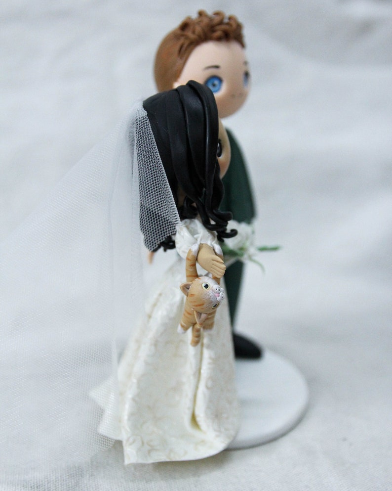 Unique Cat dangling Bride & groom wedding cake topper, Mixed race wedding cake topper, beautiful bridal gown wedding dress figurine image 9