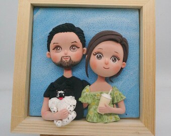 Handmade custom 3D family portrait with a pet, Personalized clay couple portrait with a dog, Custom 3D portrait from photo, dog mama gift