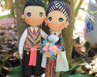 Traditional Hmong wedding attire bride and groom wedding cake topper clay doll, engagement clay miniature-Deposit