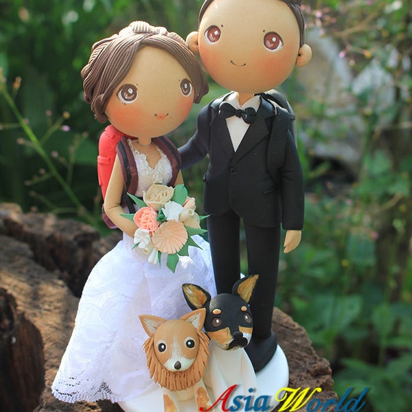 Hike theme wedding cake topper clay doll, travelers wedding clay miniature, cute puppies clay figurine, personalized bride and groom