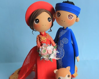 Vietnam wedding cake topper, Ao dai wedding cake topper, Vietnam traditional wedding costume clay miniature