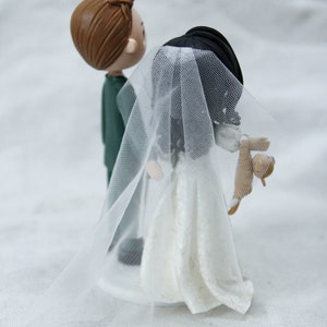 Unique Cat dangling Bride & groom wedding cake topper, Mixed race wedding cake topper, beautiful bridal gown wedding dress figurine image 8