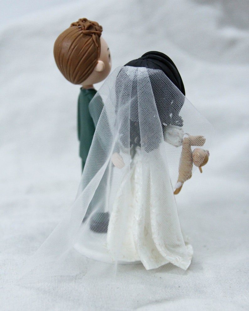 Unique Cat dangling Bride & groom wedding cake topper, Mixed race wedding cake topper, beautiful bridal gown wedding dress figurine image 8