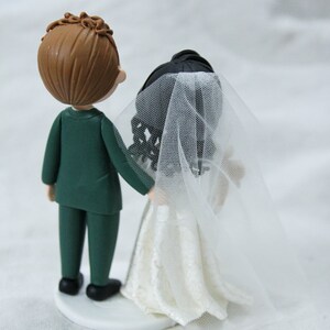 Unique Cat dangling Bride & groom wedding cake topper, Mixed race wedding cake topper, beautiful bridal gown wedding dress figurine image 4