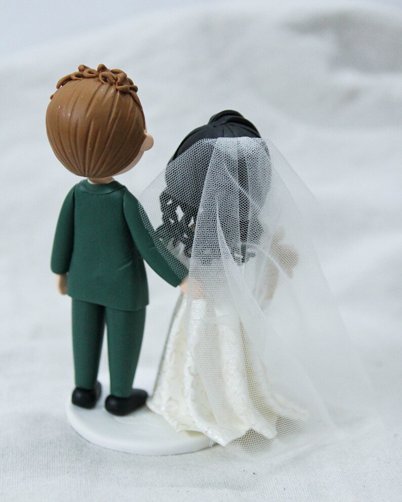 Unique Cat dangling Bride & groom wedding cake topper, Mixed race wedding cake topper, beautiful bridal gown wedding dress figurine image 4