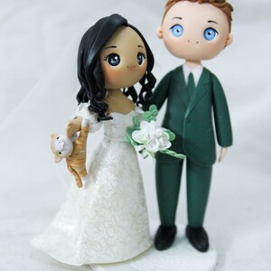 Unique Cat dangling Bride & groom wedding cake topper, Mixed race wedding cake topper, beautiful bridal gown wedding dress figurine image 3