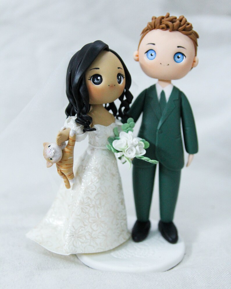 Unique Cat dangling Bride & groom wedding cake topper, Mixed race wedding cake topper, beautiful bridal gown wedding dress figurine image 3