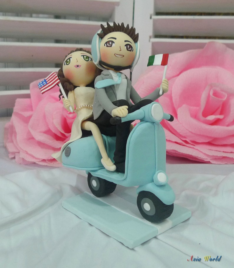 Vespa Wedding Cake Topper Clay Doll Bride Hold American Flag Etsy