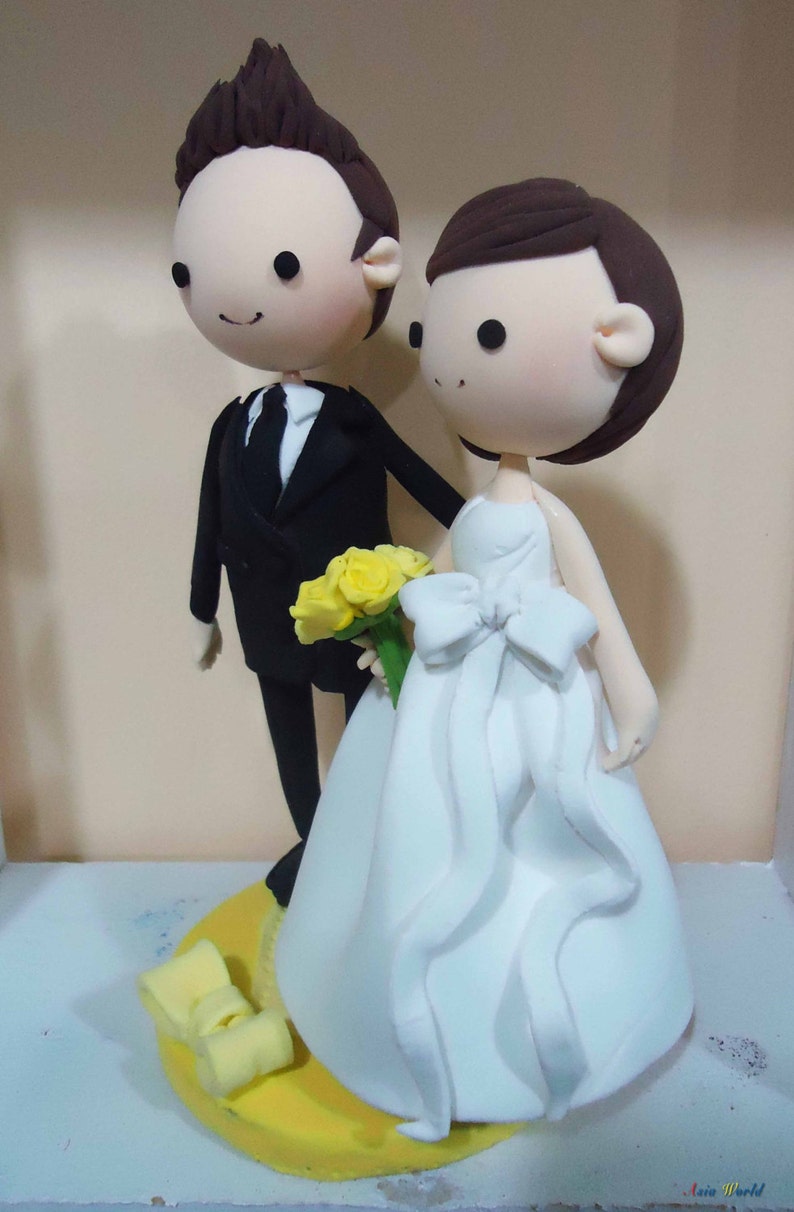 Wedding Cake topper Clay Couple in Yellow wedding theme image 1