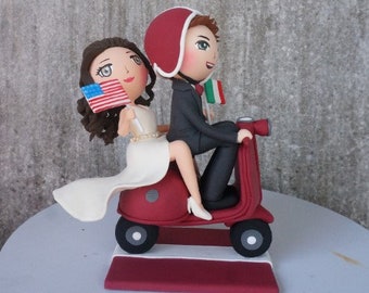 Wedding cake topper, Vespa wedding in Bordeaux color theme clay doll, International wedding cake decoration clay figurine