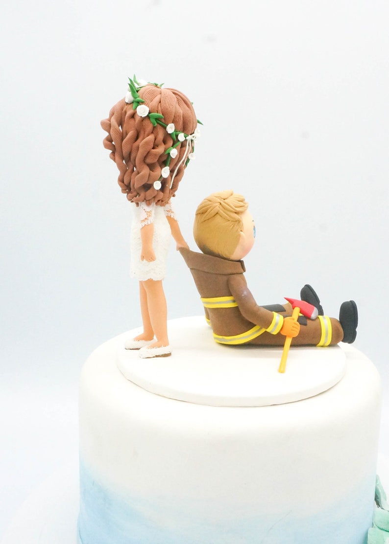 Firefighter wedding cake topper, Lesbian wedding topper, Funny wedding cake topper, Bride & Bride clay figurine, custom wedding gift image 4