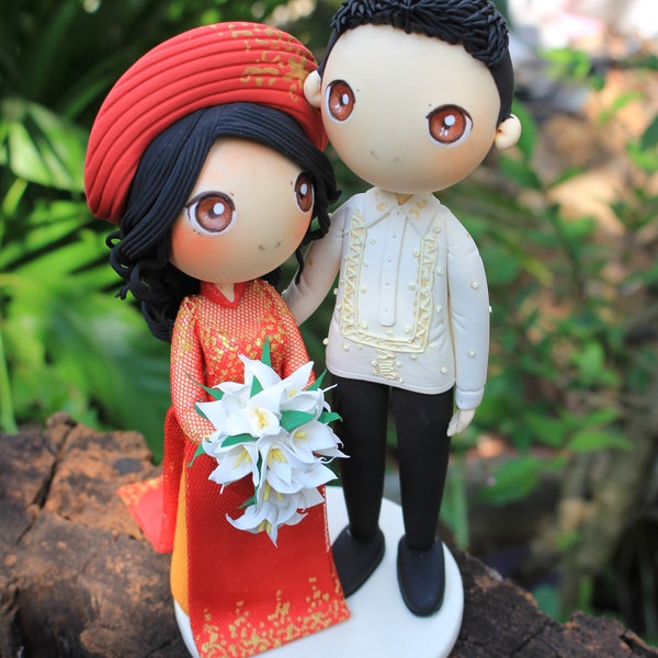 Barong and Ao dai wedding cake topper clay doll, Philippine and Vietnam wedding costume clay miniature, engagement decoration clay figurine