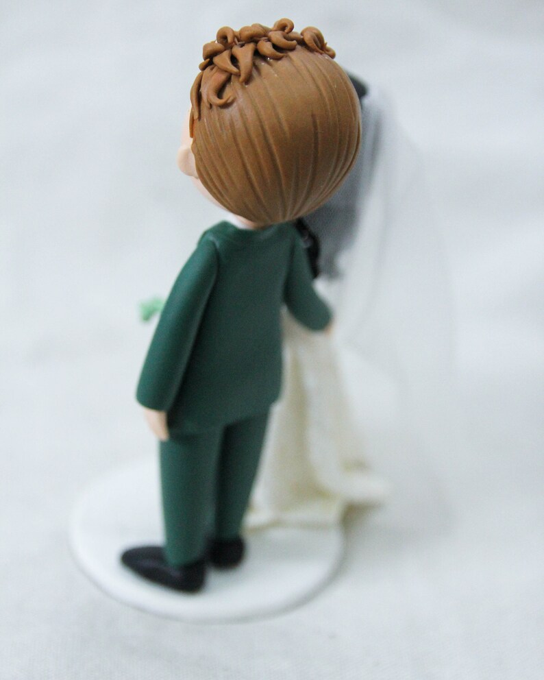 Unique Cat dangling Bride & groom wedding cake topper, Mixed race wedding cake topper, beautiful bridal gown wedding dress figurine image 7