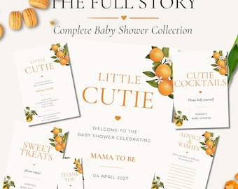 Paquete de papelería para baby shower "Little Cutie" / Invitaciones, letreros y etiquetas para recuerdos con temática naranja / Descarga digital