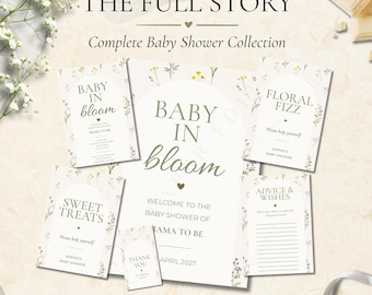 Paquete de artículos para baby shower con temática floral "Baby in Bloom" / Invitación personalizada inspirada en la jardinería, letreros y etiquetas para recuerdos / Descarga digital