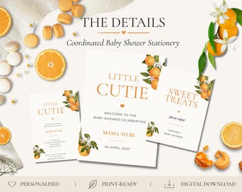 Papelería para baby shower "Little Cutie" / Invitación, letreros de bienvenida y de comida con temática naranja / Descarga digital