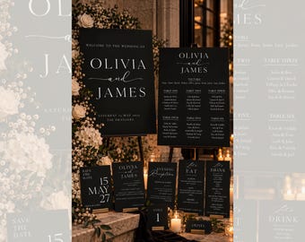 Paquete de papelería negra para bodas / Invitaciones, carteles, menús y tarjetas de mesa / Descarga digital