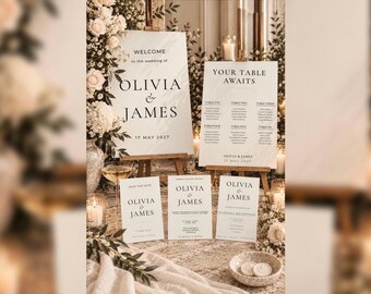 Conjunto de papelería minimalista y personalizada para bodas: invitaciones, cartel de bienvenida y plano de mesas (descarga digital).