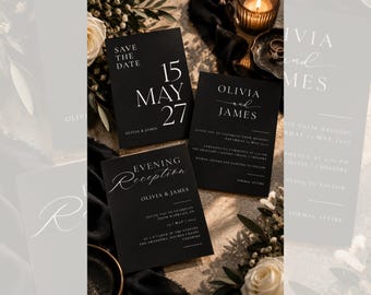 Juego de invitaciones de boda negras / Invitaciones de boda personalizadas, tarjetas de "Reserva la fecha" e invitaciones para la recepción.