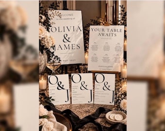 Conjunto de papelería de boda editorial personalizada / Invitaciones, cartel de bienvenida y plano de mesas (descarga digital)