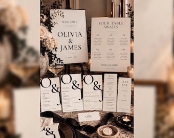 Paquete completo de papelería editorial para bodas: invitaciones, carteles, menús y tarjetas de mesa (descarga digital).