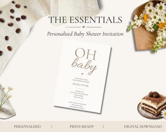 Invitación personalizada para baby shower en tonos neutros / Diseño minimalista en color topo (Descarga digital)