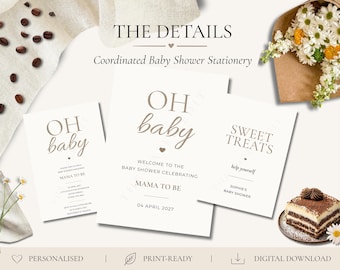Paquete de papelería neutra y personalizada para baby shower / Invitación, cartel de bienvenida y cartel para la comida (descarga digital)
