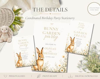 Papelería para fiesta de conejitos en el jardín / Invitación personalizada para el primer cumpleaños, letreros de bienvenida y de comida (descarga digital)