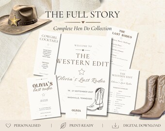 Paquete personalizado para despedida de soltera con temática del Oeste / Papelería, carteles, menú y juegos de vaquera del último rodeo (descarga digital)
