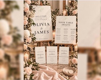 Conjunto de papelería floral personalizada para bodas / Invitaciones, cartel de bienvenida y plano de mesas (descarga digital)