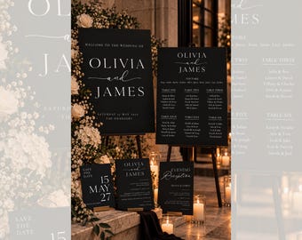 Conjunto de papelería negra para bodas / Invitaciones, cartel de bienvenida y plano de mesas / Descarga digital