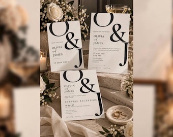 Conjunto de invitaciones de boda personalizadas con diseño editorial / Tarjetas de "Reserva la fecha" e invitaciones (descarga digital)