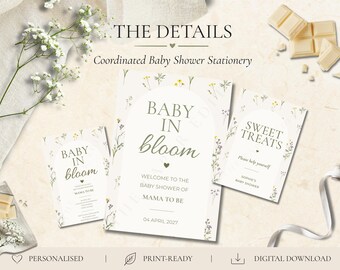 Papelería floral para baby shower "Baby in Bloom" / Invitación personalizada inspirada en la jardinería, cartel de bienvenida y letrero para la comida / Descarga digital