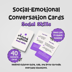 May include: A deck of Social-Emotional Conversation Cards with a white box and purple accents. The cards feature text including Everyday Choice, Social Skills, and Real Life Problem Solving. The set contains 40 scenario cards for children.