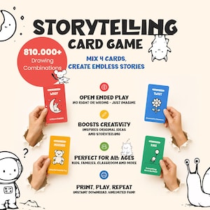 May include: A storytelling card game featuring four colorful cards in red, yellow, blue, and green. The text reads STORYTELLING CARD GAME, 810,000+ Drawing Combinations, MIX 4 CARDS, CREATE ENDLESS STORIES, OPEN ENDED PLAY, BOOSTS CREATIVITY, and PRINT, PLAY, REPEAT.