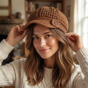 May include: A brown crocheted newsboy cap featuring a textured popcorn stitch pattern, a firm visor, and a decorative side button detail with a thin band accent. The cap is crafted from yarn and displays a consistent warm brown color throughout.