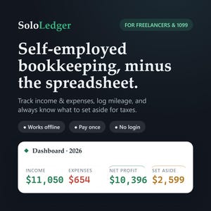 Pode incluir: Uma interface digital escura para o software de contabilidade SoloLedger. O texto diz: Self-employed bookkeeping, minus the spreadsheet. Track income & expenses, log mileage, and always know what to set aside for taxes. O painel 2026 mostra income $11,050, expenses $654, net profit $10,396 e set aside $2,599.