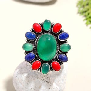 Handmade Green Onyx Lapis Coral Sterling Silver Statement Ring, Boho Vintage Floral Jewelry