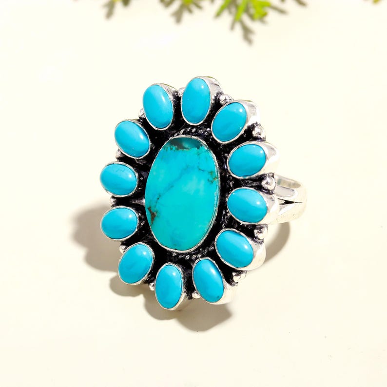 Handmade Turquoise Statement Ring, 925 Sterling Silver Floral Boho ...