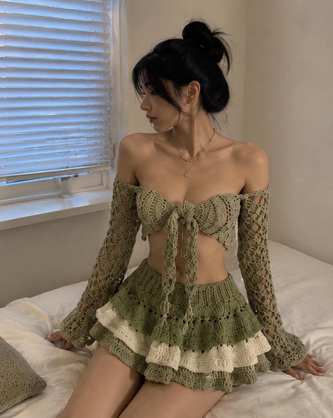 39 Crochet Green Patterns: Frogs, Avocados, Doilies, and Keychains 2 Sage Green Crochet Top and Tiered Skirt