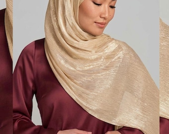 Hijab scintillante in chiffon stropicciato color oro beige, lussuoso turbante da sposa, regalo modesto per lei