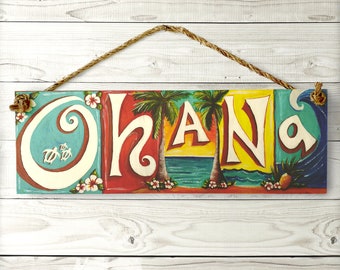 Vintage Ohana Sign - Hawaii Ohana (means family) Tropical Beach Vintage Wood Sign with Manila Rope Hanger