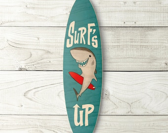 Surf's Up Shark Surfboard - beach, tropical, hawaiian wall decor