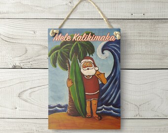Surfing Santa Sign - Hawaiian Sign Tropical Beach Decor Merry Christmas