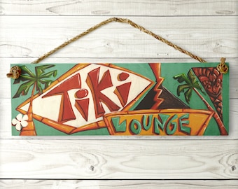 Vintage Retro Tiki Lounge Sign - Hawaii  Surf Art Tropical Beach Vintage Wood Sign with Manila Rope Hanger